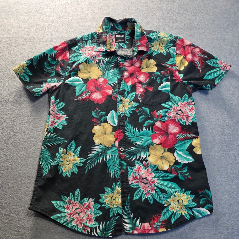 Jackson Mens Large Black Tropical Hibiscus Floral Button Down Shirt  EV6-T9-FL